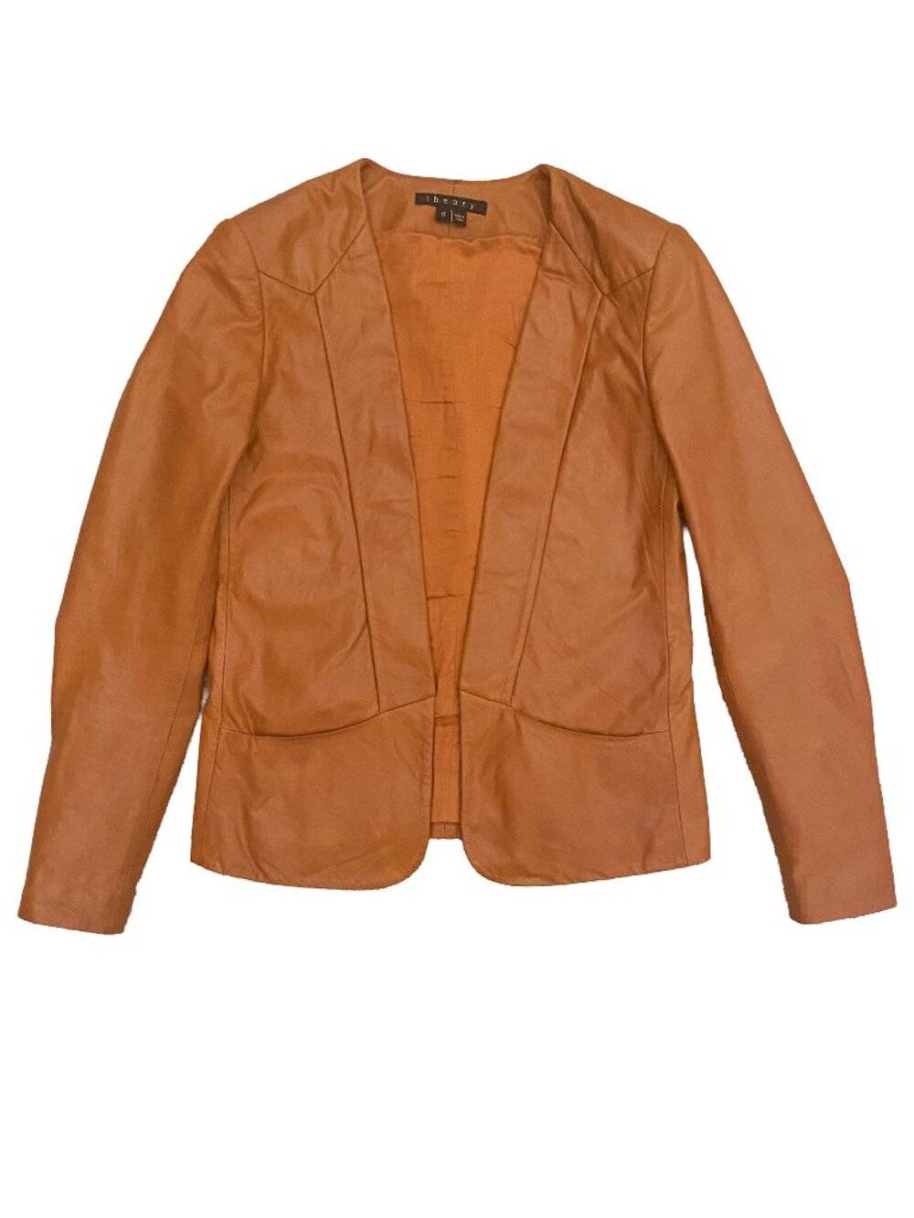 THEORY Frima Leather Jacket Blazer Saddle Brown Tan Sz 0 Game Day Chic Fall